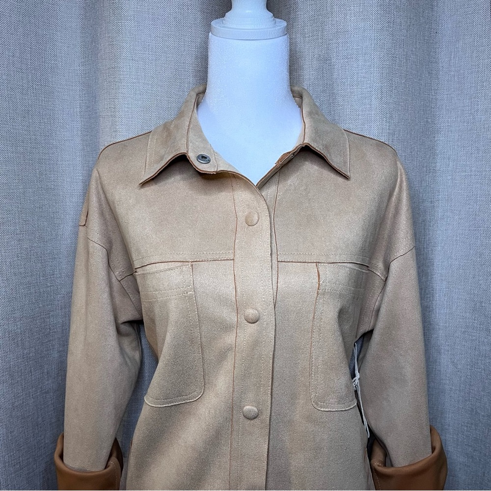 NWT West of Melrose Suede Shacket Jacket Tan Button Up Long Sleeve Women’s XS - Picture 2 of 7